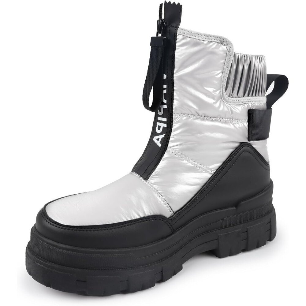 Women's Silver Waterproof Snow Boots Mid Calf Low Heel Anti-Slip Warm Booties